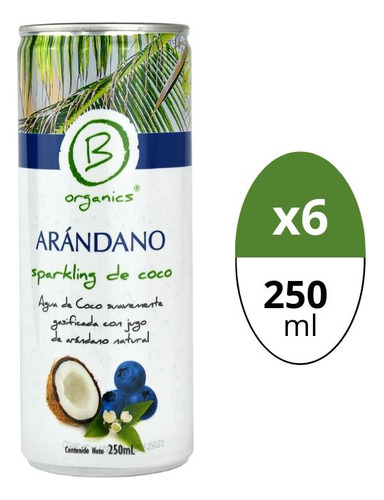 6 Pack Agua De Coco Con Gas 250ml Lima, Pomelo Y Arándanos