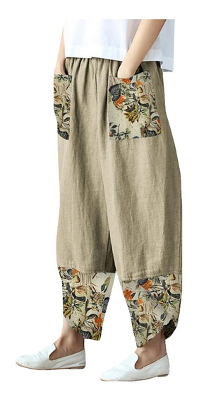 Pantalón Mujer Casual Algodón Lino Impresión Patchwork Irreg 