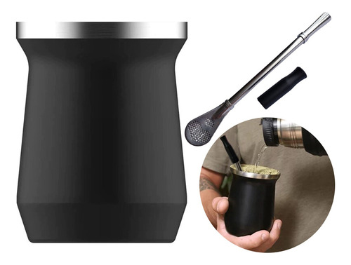 Cuia Térmica Mate Chimarrão Tererê Copo Aço Inox Copo Erva Cor Preto Liso