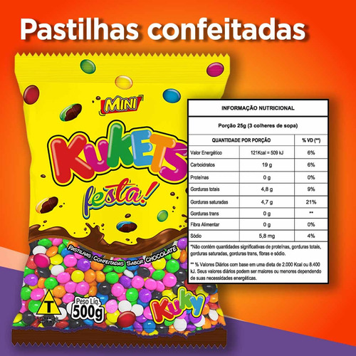 Pastilhas Confete Chocolate Kuky Cores Sortidas Pacote 500g
