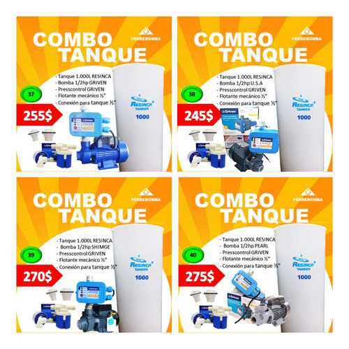 Combo: Tanque 1000lts Resinca, Accesorios, Bomba 1/2hp 