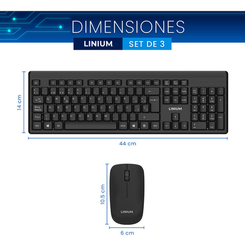 Set De 3 Teclado Y Mouse Combo Inalambrico Linium Oficina Mouse Negro Teclado Negro