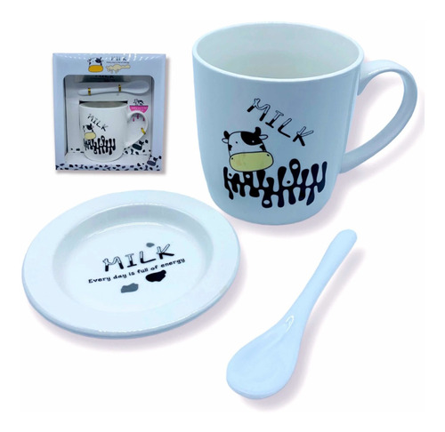 Taza Mug Ceramica Jarro 360ml Kit Plato Cuchara Cafe Te 