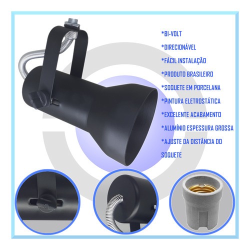 Spot Trilho Iluminação Industrial Eletrocalha Teto Par20 Cor Preto Voltagem 110v/220v