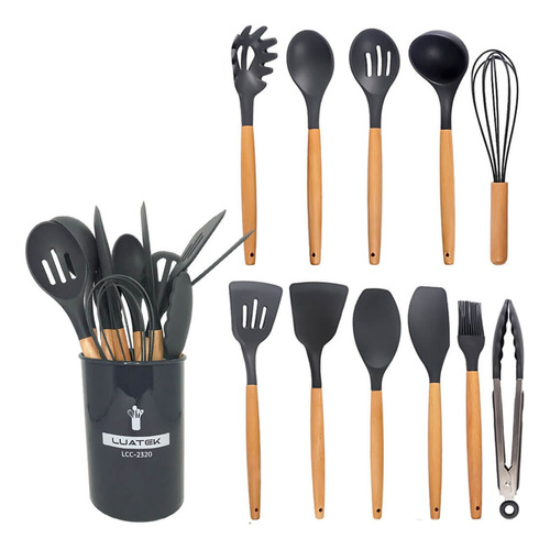 Kit Utensílios De Cozinha [11 Peças]silicone E Madeira Cor preto