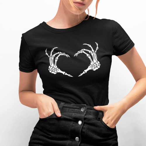 Playera Negra Estampado Esqueleto Love Manos Unisex Y Dama