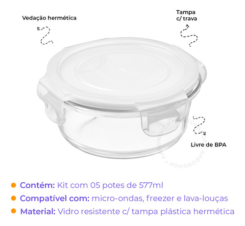 Conjunto 5 Potes Transparente Com Fechamento Hermético 577ml