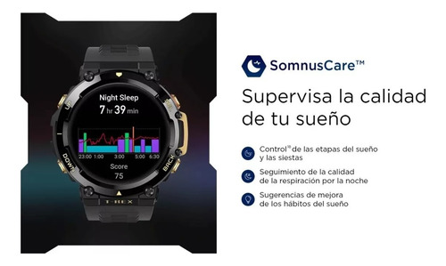 Smartwatch Amazfit T-Rex 2 1.39" caja de aleación de polímero astro black/gold, malla astro black/gold de silicona y bisel astro black y gold