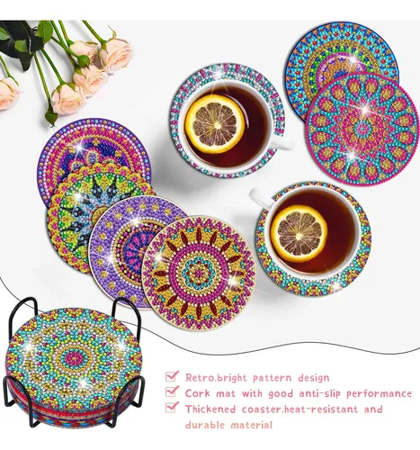 Compra Ruikdly 8 Piezas Posavasos Absorbentes con Soporte, Posavasos para Bebidas Reutilizables, Posavasos Marina DIY con Diamantes y Herramientas de Montaje para Tazas, Jarrones en