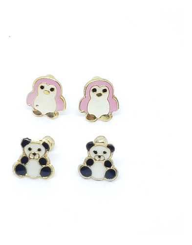 Aretes De Pinguino Rosa Y Panda Oro Lam.2 Pares +estuche A1