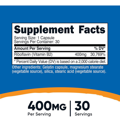 Nutricost Vitamina B2 400 Mg 30 Caps Riboflavina Sabor Sin Sabor