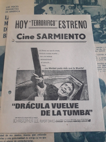 Folleto Antiguo De Cine, Drácula Vuelve De La Tumba 1969