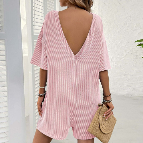 Bolsillos De Manga Corta Con Cuello Redondo Liso A La Moda P