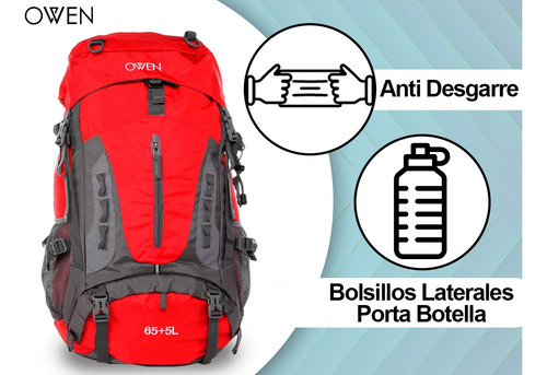 Mochila Camping 65+5lts Antirrobo Cinchas Ajustable Amplia