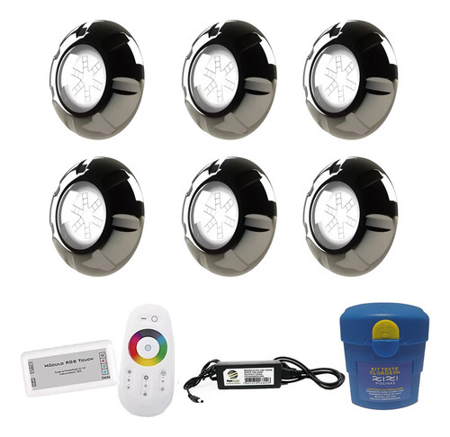 Kit Iluminação Piscina - 96m² - 6 Leds 9w Inox + Comando Rgb