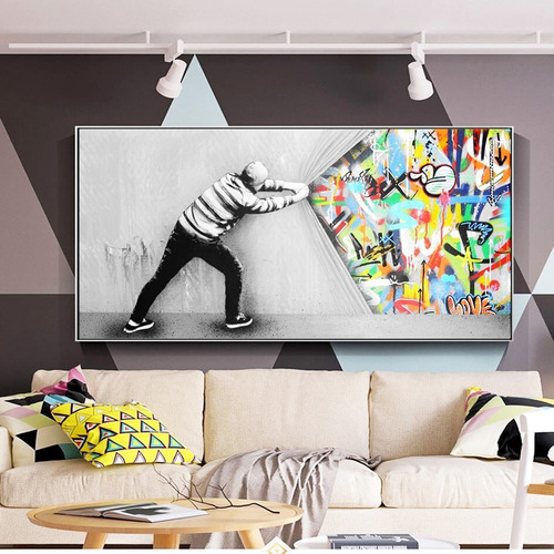 Cuadro Banksy Canvas Graffiti Urban Streetart Estilo Galeria Color Multicolor Armazón Bastidor