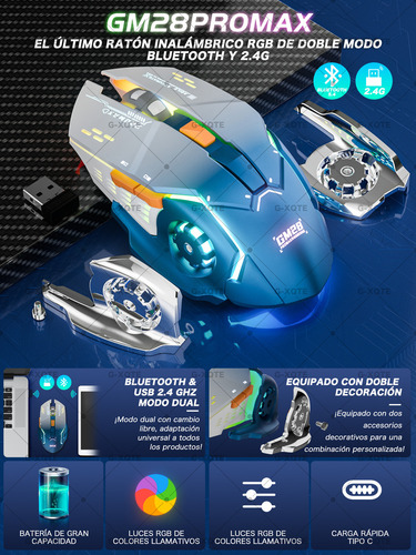 Mouse Gamer Rgb Inalámbrico Bluetooth G-xqte Dual Mode Bt & usb 2.4g Color Azul GM28ProMax