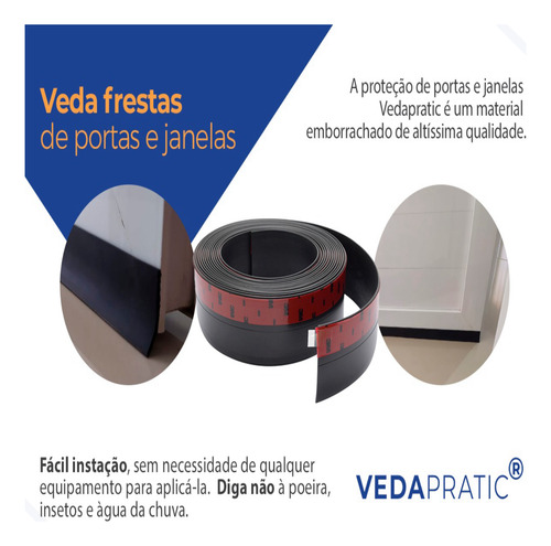 Veda Portas, Portões E Janelas 4,0 Cm Altura, Evita Entrada De Insetos, Animais Peçonhentos, Agua Da Chuva, Poeira, Proteção Acústica, Borracha Preta E Adesivo 3m Do Brasil Vedapratic 3 Metros