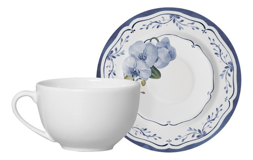 Kit De 6 Xícaras De Chá Com 6 Pires Valência 250 Ml Alleanza Branco E Azul Florido