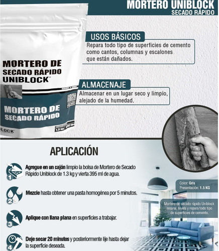 Mortero Gris De Secado Rápido 1.3kg Para Reparaciones