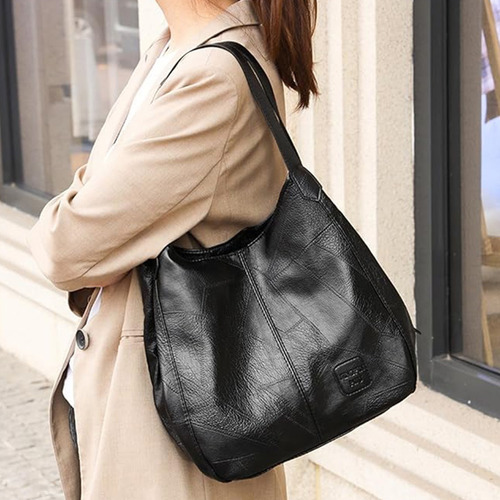 Bolsa Hombro Cuero Suave Gran Capacidad Damas Bolsa Mensajer Color Negro Correa De Hombro Negro Diseño De La Tela Lisa