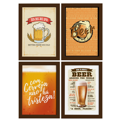 Quadros De Cerveja Beers Moldura Marrom 33x43cm 4un