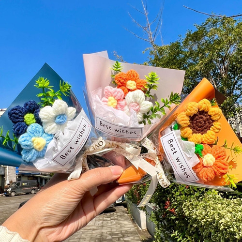 Mini Ramo De Flores Artificiales Tejidas A Mano A Ganchillo
