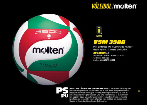 Imagen 2 de 3 de Balón Voleibol Molten V5m3500 Pu Laminado Tricolor N.5