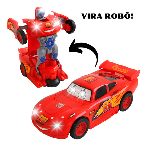 Carrinho Relampago Mcqueen Brinquedo Transformer Vira Robo Relâmpago Mcquen Maquem Presente Vermelho