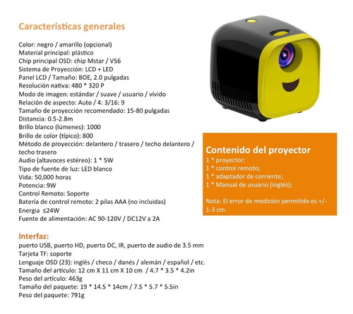 Imagen 10 de 10 de Mini Proyector Cañon Portátil Led 500 Lumens 110 Pulgadas Vga Hdmi Hd Multipuertos