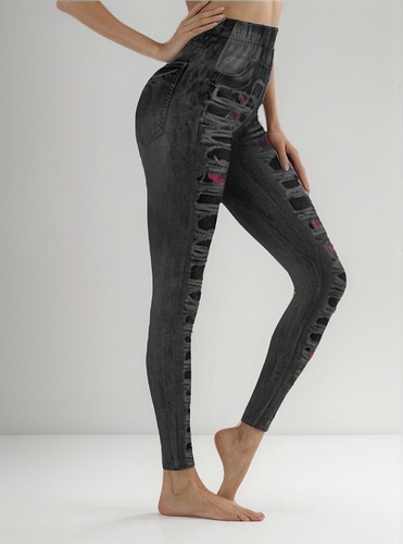 Leggings Deportivos De Mezclilla Con Estampado De Rosas A La