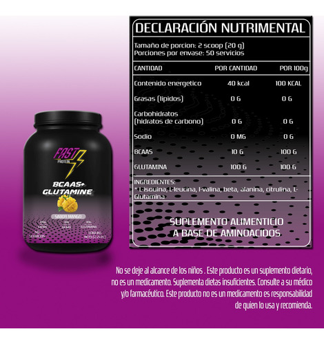Aminoácidos Bcaas + Glutamina Fast 1kg Varios Sabores Mango