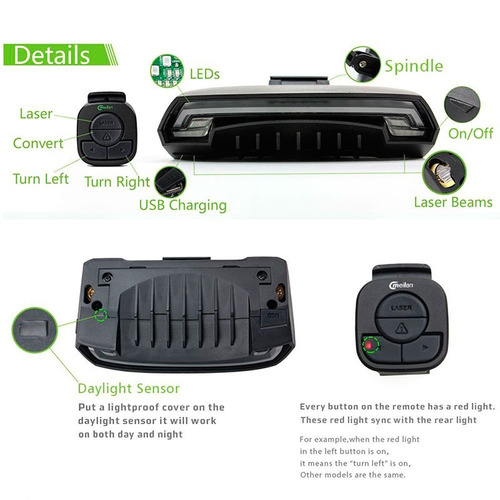 Imagen 6 de 10 de Luz Led Trasera Bicicleta Control Inalámbrico Carril Laser