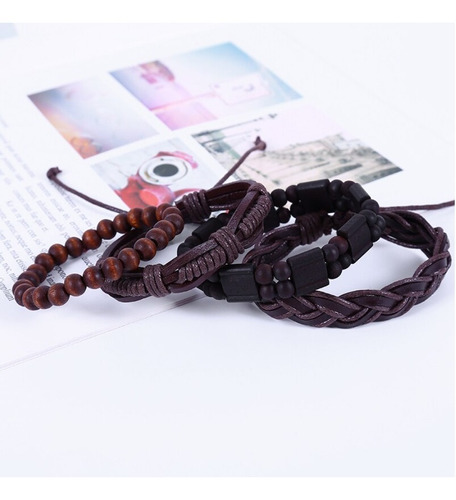 Conjunto Pulsera Brazalete Hombre Cuero 4 En 1