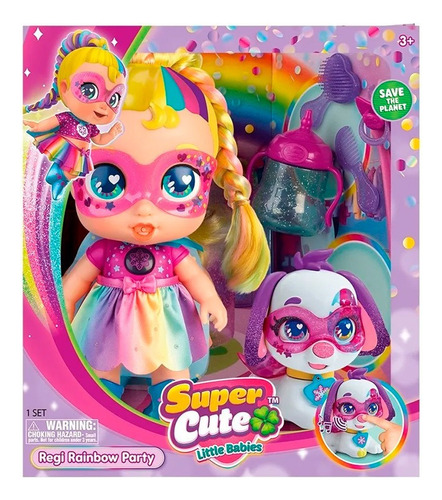 Muñeca Super Cute Little Babies Regi Rainbow Party + Mascota