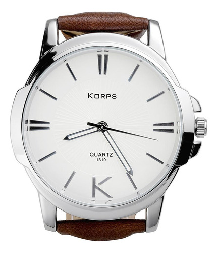 Relógio Luxo Korps 1319 Prata Fundo Branco Pulseira Couro