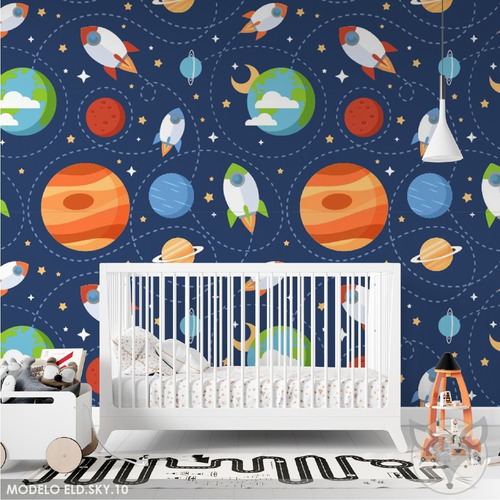 Papel Vinilo Para Pared Infantil Cielo Nubes Espacio 6a10