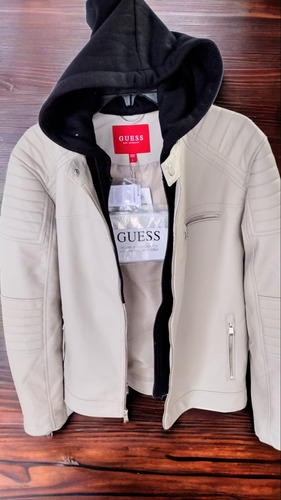 Chamarra Guess Biker Hombre Original Casual Blanco Vintage