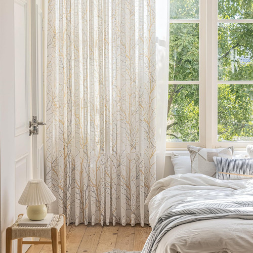 Cortinas De Lino Amarillo Estampado Árbol Gris 2 Paneles