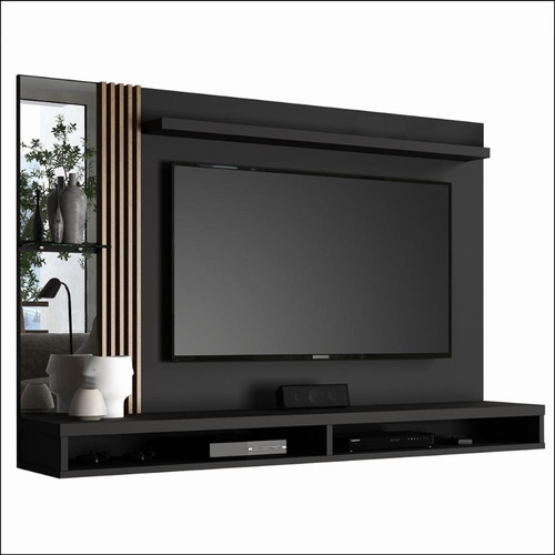 Painel Para Tv Vianossa Paris Até 55 Polegadas Com Espelho E Lateral Ripada Cor Preto/Naturale