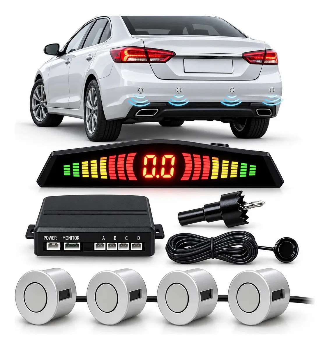 Kit Sensor De Estacionamento Ré 4 Sinal Sonoro Universal Cor Prata