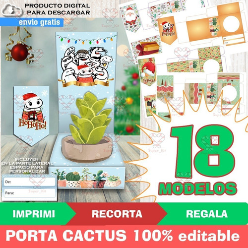 Kit Imprimible Portamacetas Navidad + Flork Cactus Editable