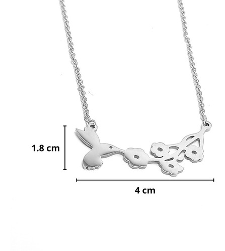Imagen 2 de 6 de Collar Dije Colibrí Y Flores Acero Inoxidable Plata Mujer