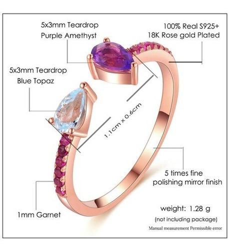 Anillo Oro Rosa 18k Plata Y Amatista Topacio Garnet !!!!!!