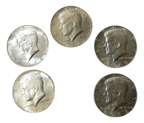 5 Monedas 1/2 Dolar Kennedy, 1965/66/67/68/69, Sin Circular.