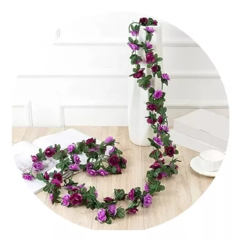 3x Guirnalda Flores Violeta Artificiales Hojas P/ Jardin 2mt