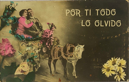 Antigua Postal Romántica, Pareja, Circa 1900, Carruaje, Pr45