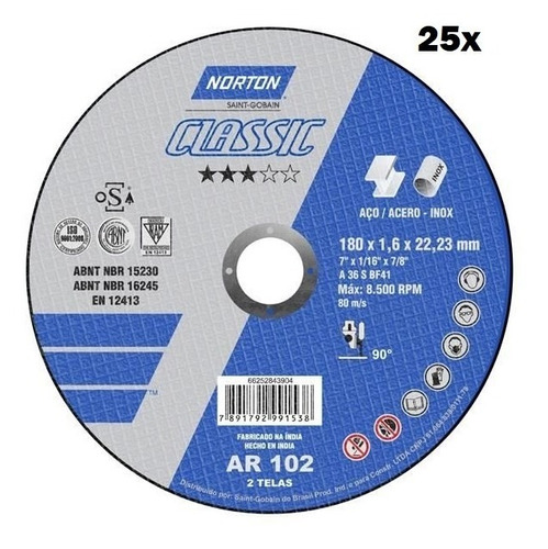 Disco Corte Inox 7pol 180x1,6x22mm 25pc Classic Ar102 Norton