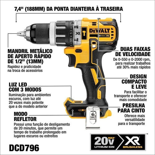 Furadeira Parafusadeira Imp 1/2 20v S/bat Dcd796b Dewalt