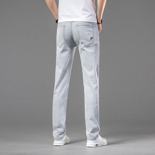 Jeans Delgados De Mezclilla Elástica Gris Claro Para Hombre